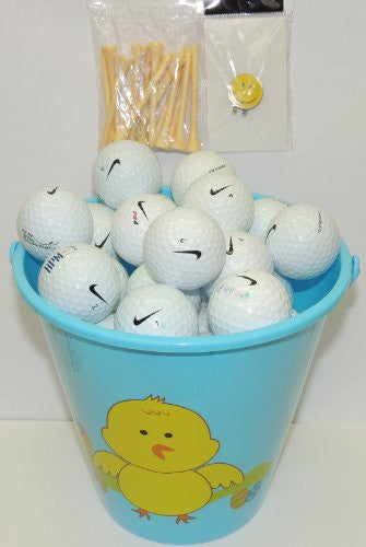 Blue Easter Pail With 48 Recycled Nike Golf Balls & Tee's & Smiley Face Magnetic Golf Ball Marker With Hat Clip