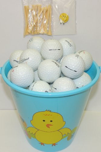 Blue Easter Pail With 48 Recycled Titleist Golf Balls & Tee's & Smiley Face Magnetic Golf Ball Marker With Hat Clip