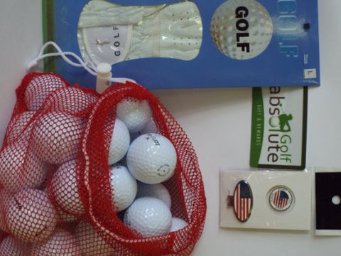 Mens Gift Box 36 Recycled Golf Balls in Mesh Bag With Free Tee's & Magnetic American Flag Golf Ball Marker/Hat Clip & Glove White Right Medium Golf Glove