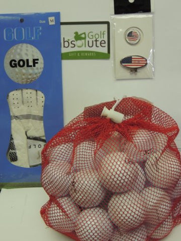 Mens Gift Box 36 Recycled Golf Balls in Mesh Bag With Free Tee's & Magnetic American Flag Golf Ball Marker/Hat Clip & Cabretta Black/White Left Medium/Large Golf Glove