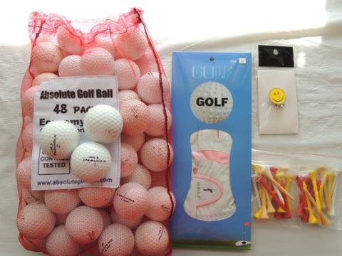 Ladies Gift Box With 36 Recycled Golf Balls In Mesh Bag With Free Tee's & Magnetic Smiley face Golf Ball Marker/Hat Clip & Pair of Womans Golf Gloves